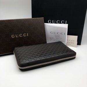 GUCCI Dark Brown GG Zip Around Leather Wallet